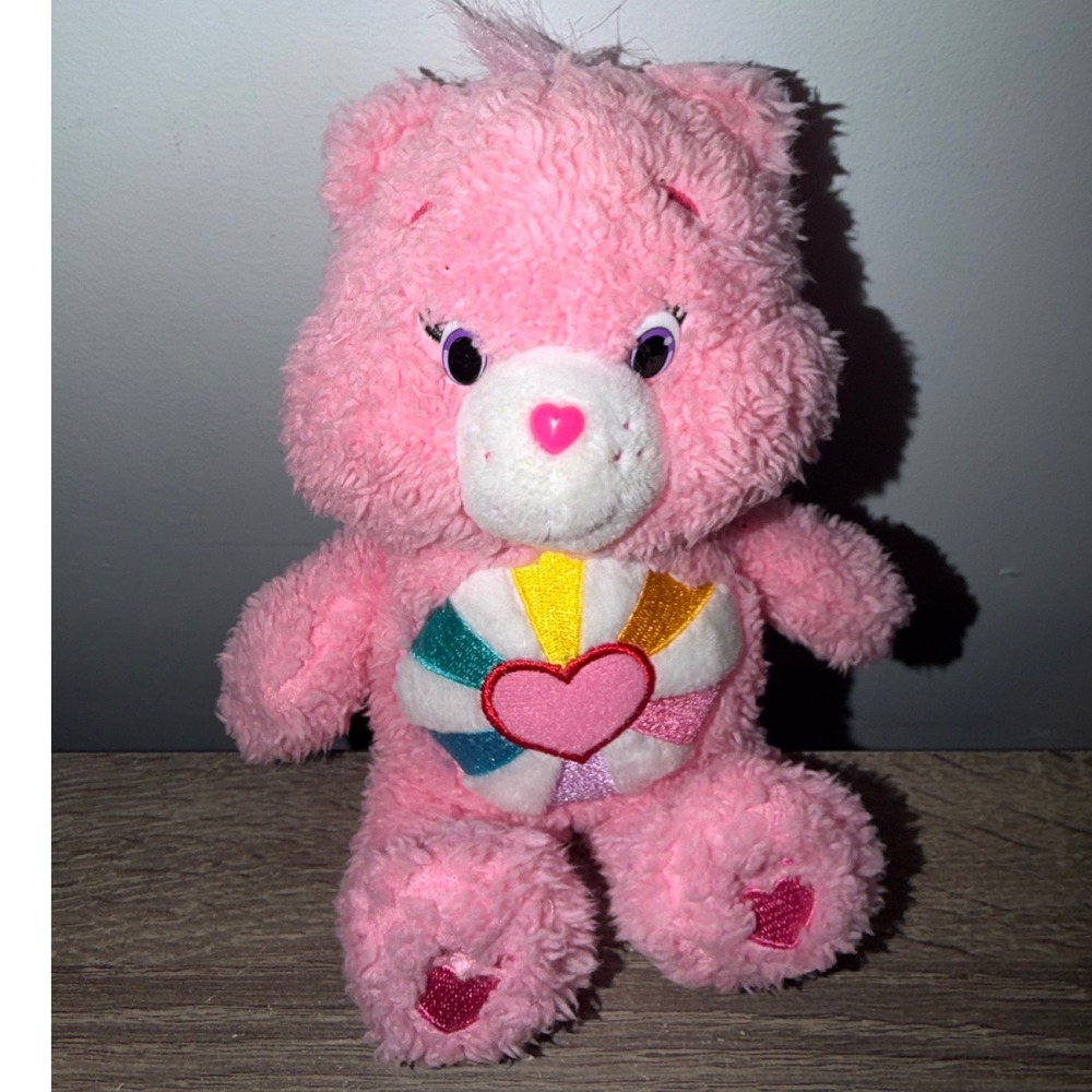 Care Bears Hopeful Heart Bear Pink Plush Toy 2016 Rainbow Heart Belly Badge 8"